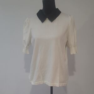CeCe Cream Short-Sleeve Top with Black Pointed Collar